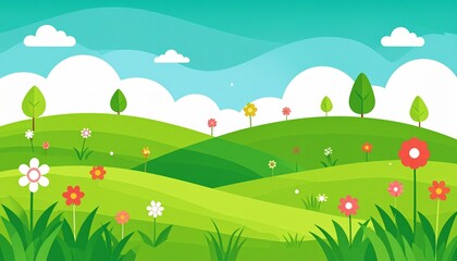 Colorful hillside meadow with wildflowers and trees under bright blue sky