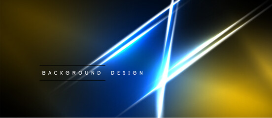 Naklejka premium Abstract neon lines intersect over dark blue, gold gradients. Modern design element for digital projects. Minimalist aesthetic.