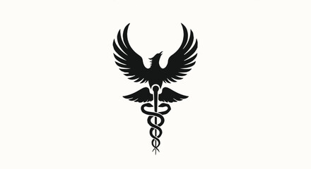 Black medical symbol with wings on white background