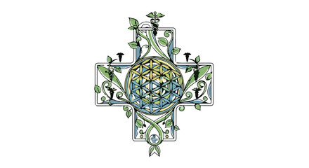 Intricate stained glass cross with floral design