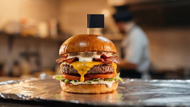 Delicious burger with all the fixings, artfully presented on a metallic surface, ready to be devoured