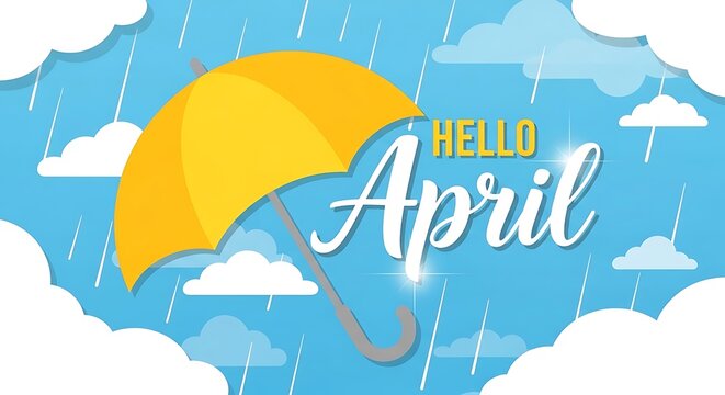 Yellow umbrella in rain with hello April text blue sky