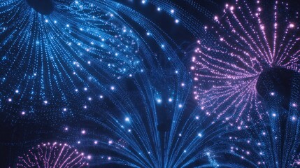 Abstract illustration of glowing particles in blue and purple against dark background