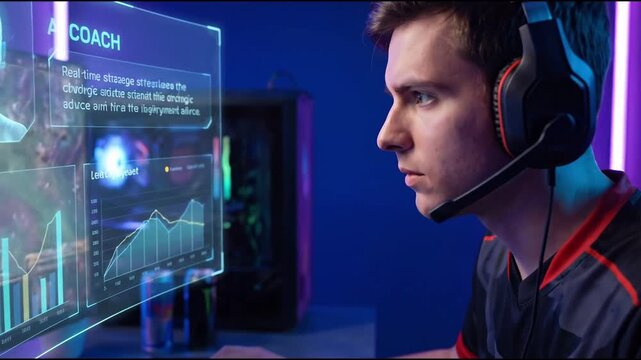 A person wearing a headset in front of a computer screen, possibly engaged in gaming or other online activities. The scene is illuminated by neon lights, creating a modern atmosphere