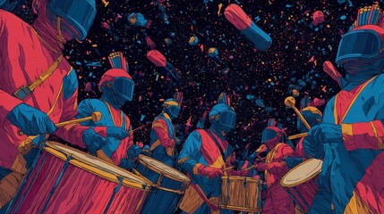 Abstract illustration of musicians in helmets playing drums with vibrant colors