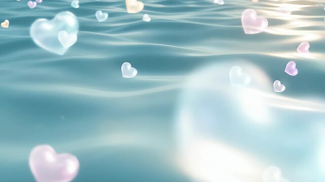 Abstract background of floating heart shapes in shimmering water ripples