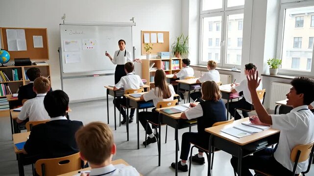 teacher standing at whiteboard in bright classroom explaining material to students in school uniform with hands raised