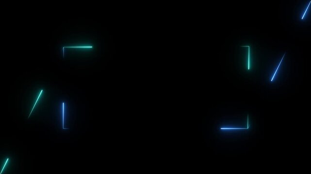 Abstract black background featuring a glowing  neon rectangular frame with luminous lines. Futuristic neon .