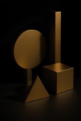 gold geometric still life with abstract shapes on black background