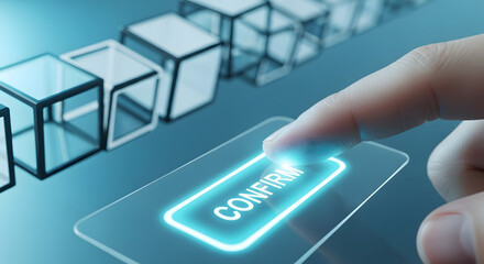 Human Finger Clicking Confirm Button Digital Screen Blockchain Technology Secure Transaction Future Business Process Data Network