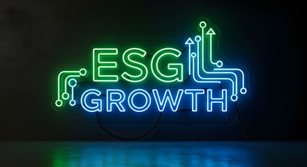 Neon sign esg growth text light board glowing green blue arrow circuit line wall dark background