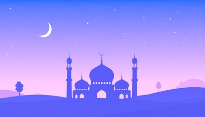 Islamic mosque under full moon night sky silhouette vector illustration peaceful worship