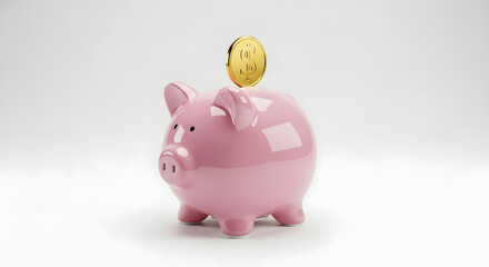 Pink piggy bank gold dollar coin money saving finance banking investment currency object white background studio