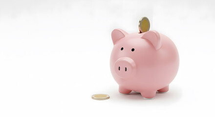 Pink piggy bank falling gold coin money saving finance banking investment currency object white background studio