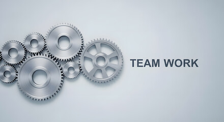 Team work text metal gear wheel machine part mechanical engine industry engineering technology system studio background