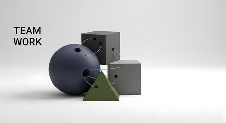 Team work text abstract geometric shape cube sphere pyramid connection wire object studio background art 3d