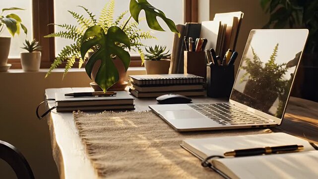 Bright sunlit home workspace with a laptop, plants, and a wooden desk setup