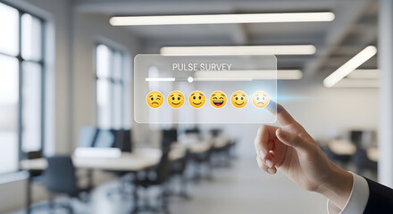 Finger person touching pulse survey screen interface emoticon icon rating scale feedback employee office professional background