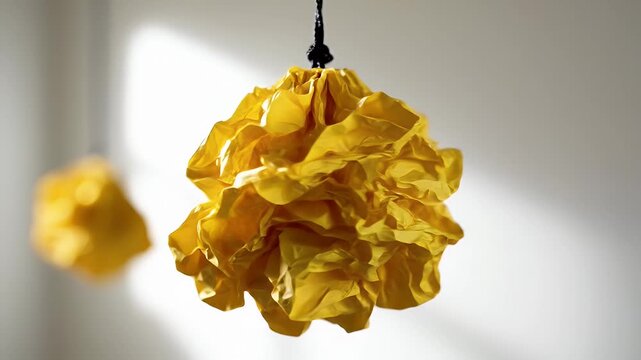 Bright yellow crumpled tissue paper pom-pom decoration hanging overhead indoors in a cozy room