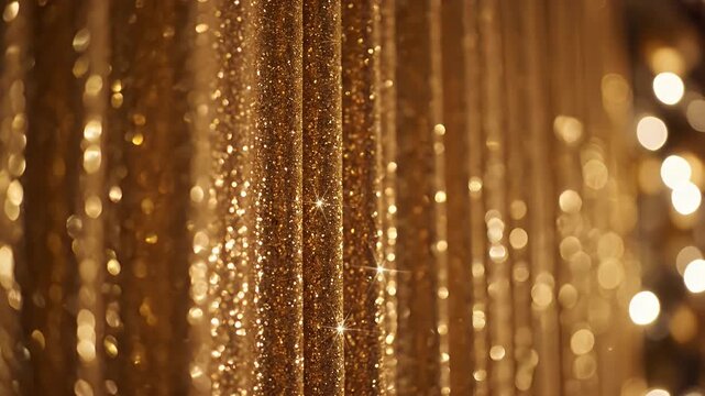 Close up view of shimmering golden metallic fringe curtains with warm light bokeh and vertical texture