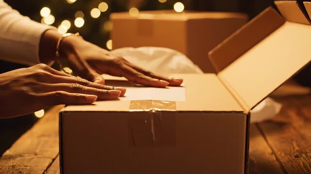 Person packing and sealing cardboard boxes on a wooden table with chri