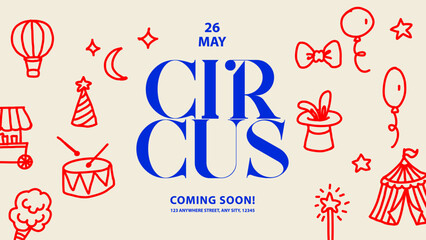 Circus poster with tent, drum, balloons, cotton candy, magic hat. Kids event design. Cirque performance, funny carnival, party banner. Hand drawn vector illustration. © pim