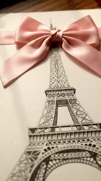 Close-up of a delicate pink satin bow above a printed Eiffel Tower motif on light beige background