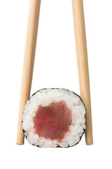 Tuna sushi roll with chopsticks isolated on white background