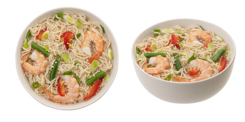 Shrimp ramen noodle soup with  ingredients isolated on white background