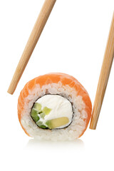 Salmon sushi roll with cream cheese and avocado isolated on white background