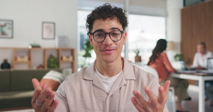 Face, man and wave in office with video call POV, discussion or idea planning for marketing project. Coworking, person and greeting in workplace with virtual meeting, chat or webinar for advertising.
