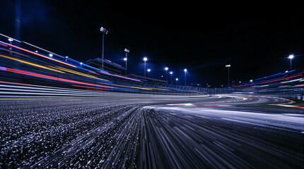 Night illuminated racing track asphalt surface turn on motion blur