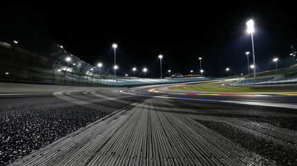 Night illuminated racing track asphalt surface turn on motion blur