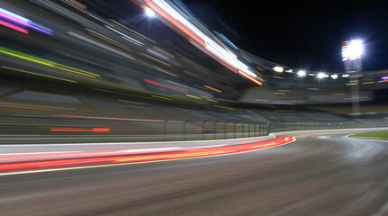 Night illuminated racing track asphalt surface turn on motion blur
