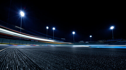 Night illuminated racing track asphalt surface turn on motion blur