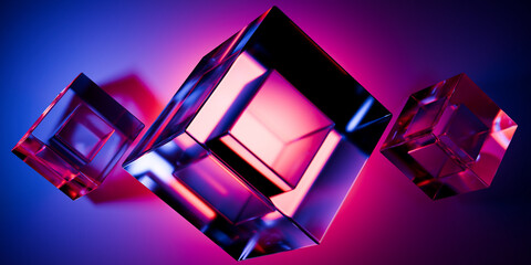 Cyberfuturistic transparent glass  cubes and liquid acrylic red purple blue glow on black backdrop cinematic tech background design cover art visuals 3d rendering © IM_VISUALS