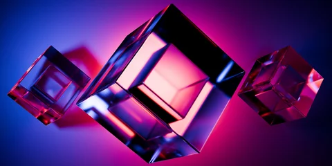 Cyberfuturistic transparent glass  cubes and liquid acrylic red purple blue glow on black backdrop cinematic tech background design cover art visuals 3d rendering © IM_VISUALS