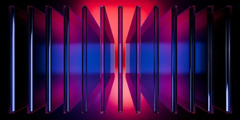 Cyberfuturistic transparent glass plane elements and liquid acrylic red purple blue glow on black backdrop cinematic tech background design cover art visuals 3d rendering © IM_VISUALS