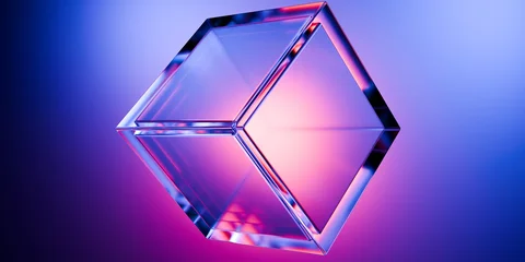 Cyberfuturistic transparent glass  cube element and liquid acrylic red purple blue glow on black backdrop cinematic tech background design cover art visuals 3d rendering © IM_VISUALS