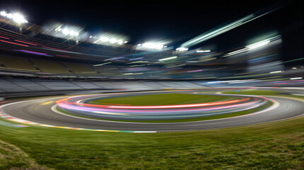 Night illuminated racing track asphalt surface turn on motion blur