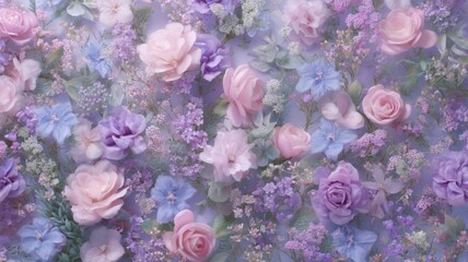 Big collection of different flowers in purple color. AI generated