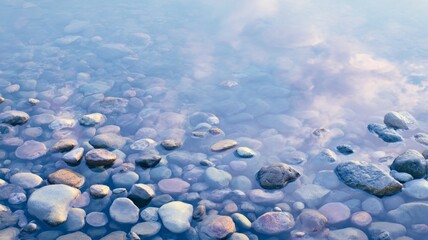Pebbles underwater with purple-blue reflection. AI generated