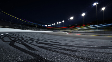 Night illuminated racing track asphalt surface turn on motion blur
