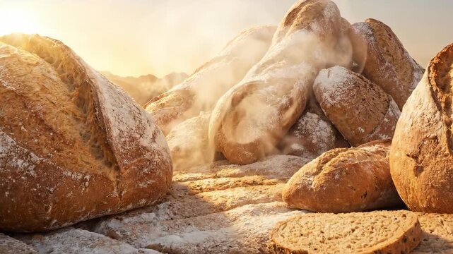 Flour dust rising over fresh baked rustic bread creating an edible food landscape at sunrise with golden light