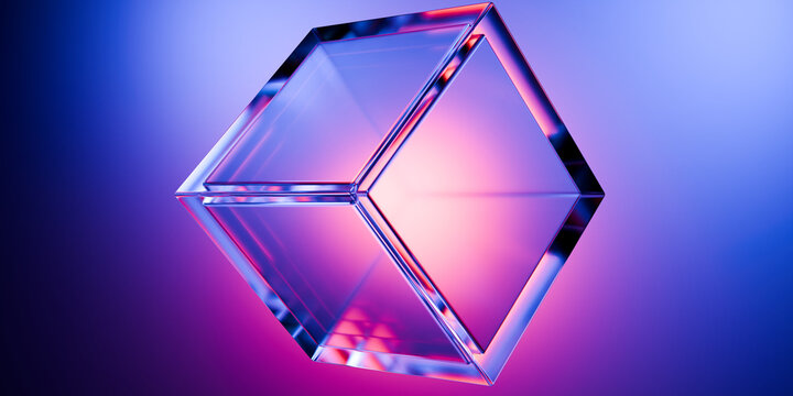 Cyberfuturistic transparent glass  cube element and liquid acrylic red purple blue glow on black backdrop cinematic tech background design cover art visuals 3d rendering