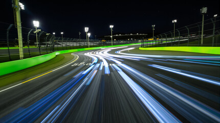 Night illuminated racing track asphalt surface turn on motion blur