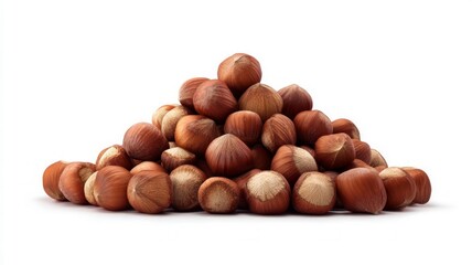 Pile of hazelnuts on white background. AI generated