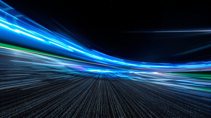 Night illuminated racing track asphalt surface turn on motion blur