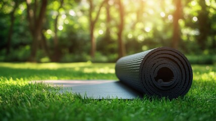 Yoga mat on sunlit grass with blurred trees. AI generated