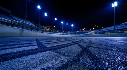 Night illuminated racing track asphalt surface turn on motion blur